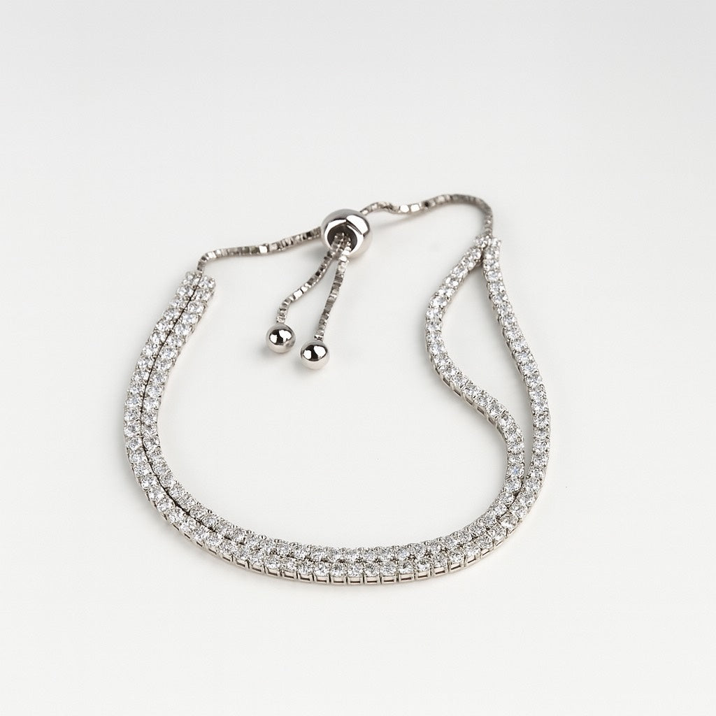 Trendy Double Row Silver Bracelet With Sparkling CZ Stones