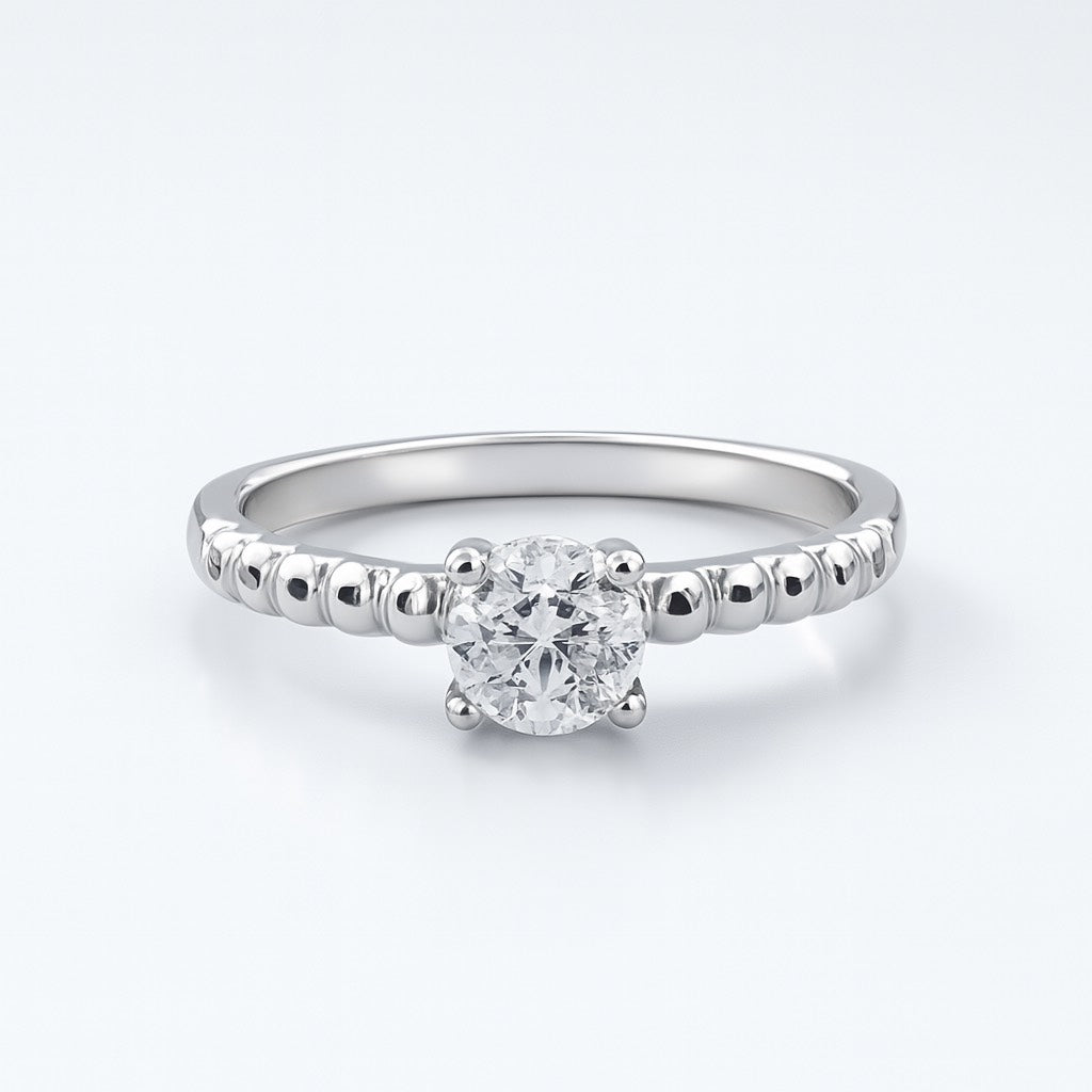 Classic Solitaire Beaded Sterling Silver Ring