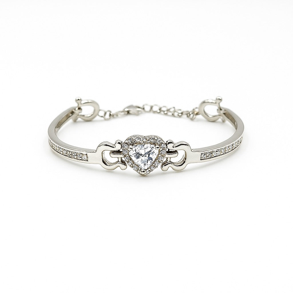 Silver Bracelet With Heart-Shaped Sparkling Centerpiece - Romantic Adjustable Design For Women