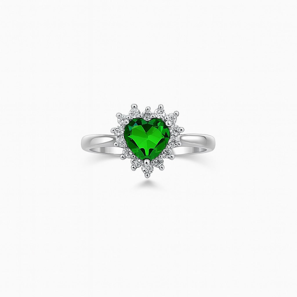Luxury Sterling Silver Ring with Emerald Green Heart Center