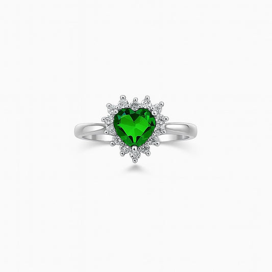 Luxury Sterling Silver Ring with Emerald Green Heart Center