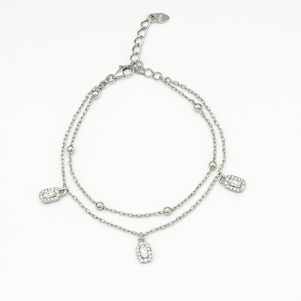 Layered Silver Chain Bracelet with Sparkling Charms