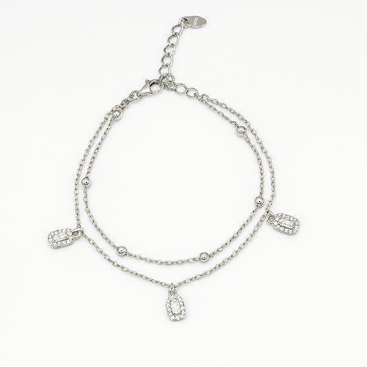Layered Silver Chain Bracelet with Sparkling Charms