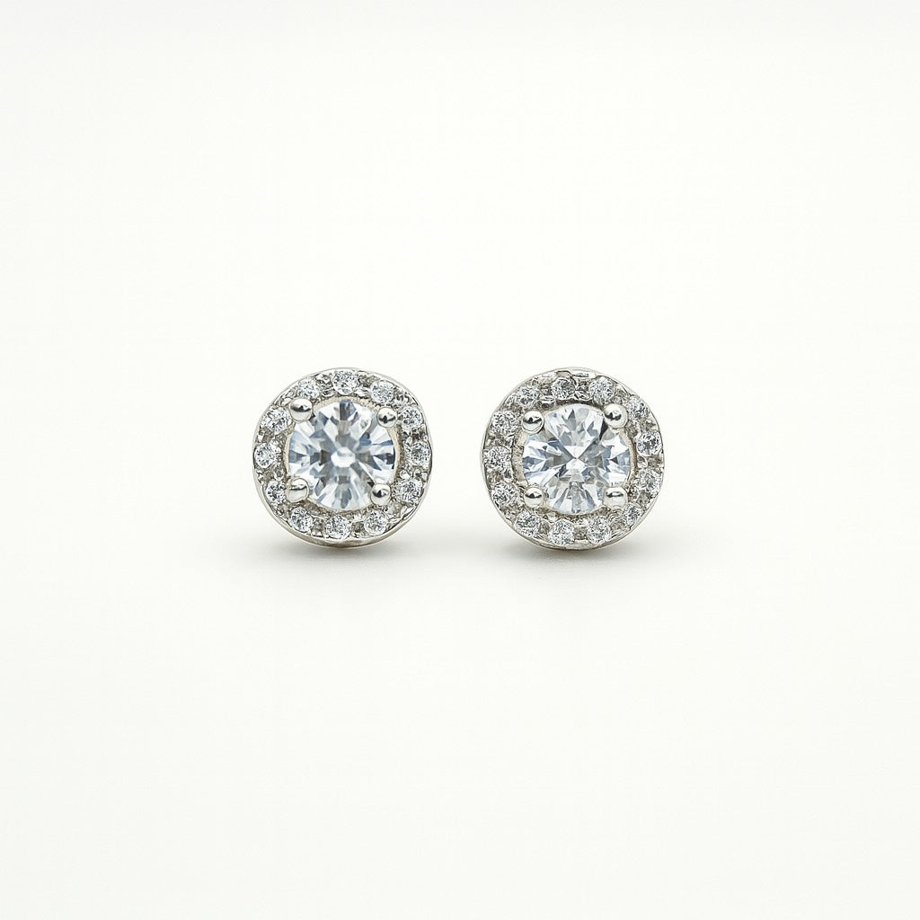 Sparkling Halo Silver Stud Earrings