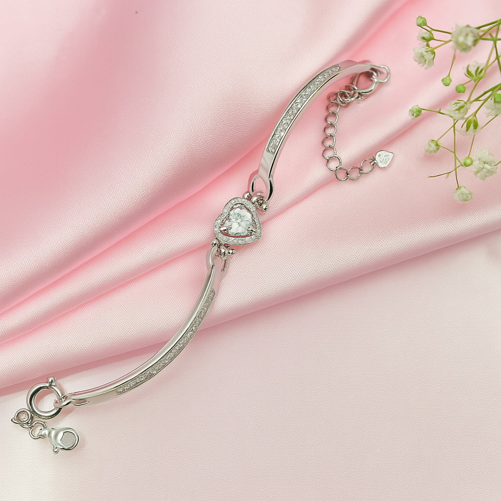 Silver Bracelet With Heart-Shaped Sparkling Centerpiece - Romantic Adjustable Design For Women