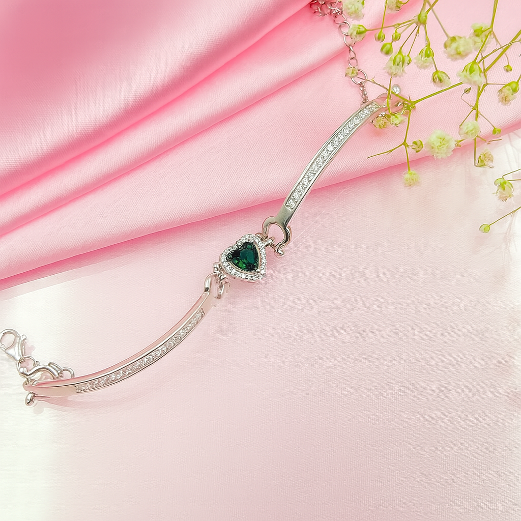 Silver Bracelet With Heart-Shaped Sparkling Centerpiece - Romantic Adjustable Design For Women