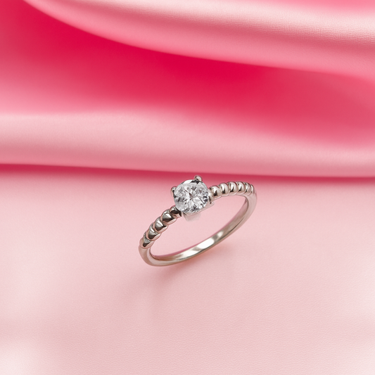Classic Solitaire Beaded Sterling Silver Ring