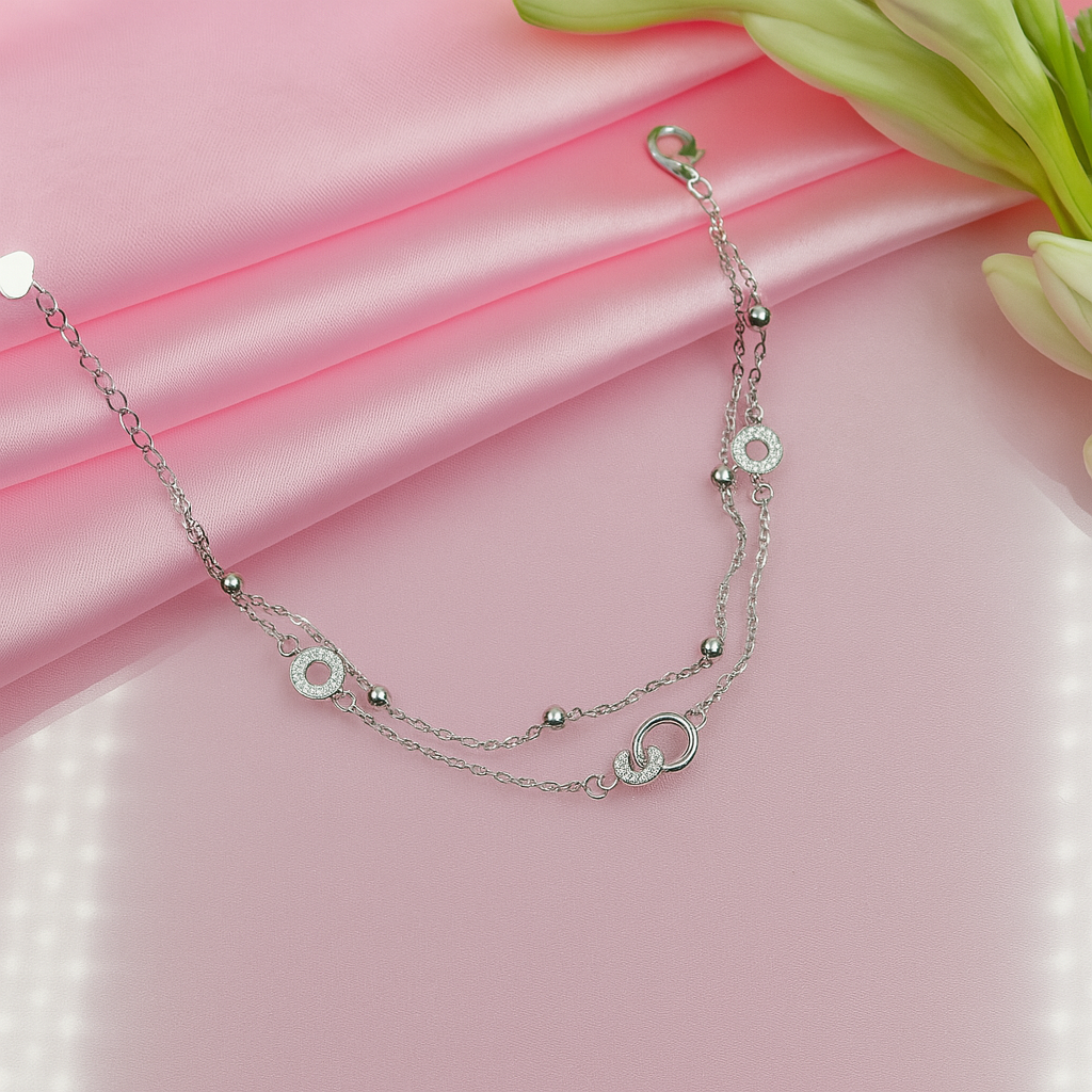 Layered Silver Chain Bracelet with Sparkling Circle Charms