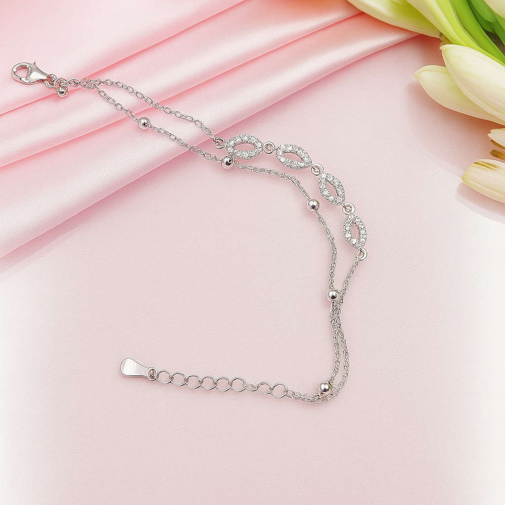 Layered Silver Bracelet With Marquise Sparkle - Adjustable and Elegant