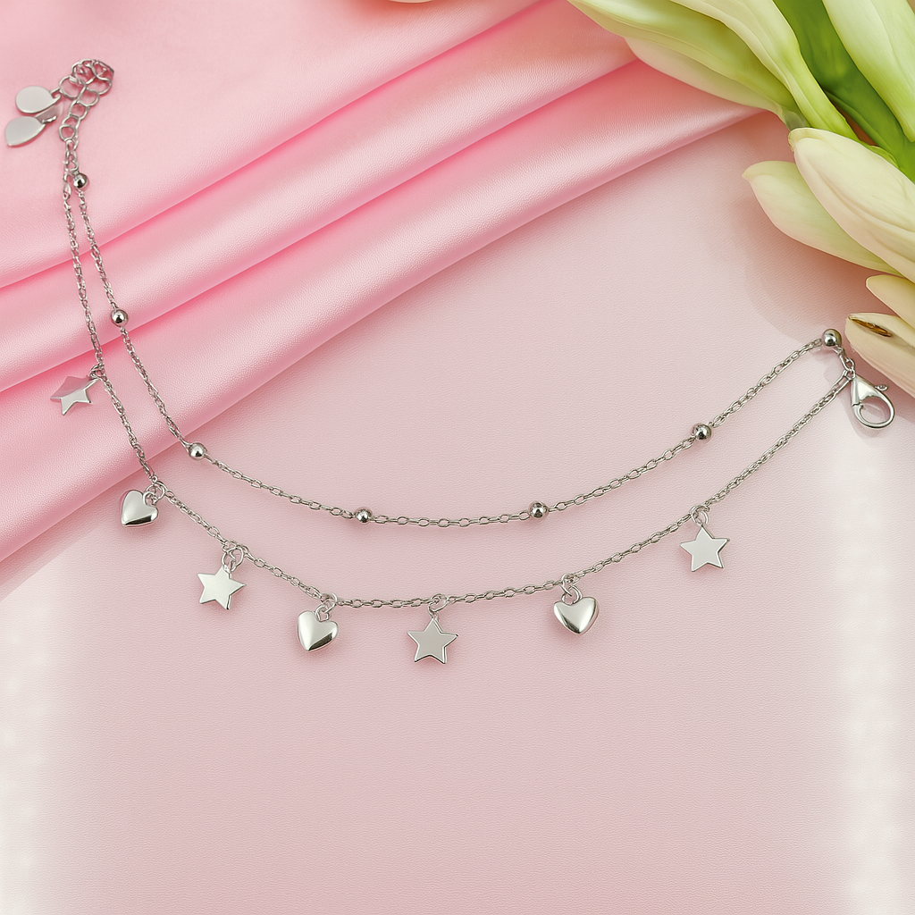 Layered Silver Charm Bracelet with Cute Hearts & Stars