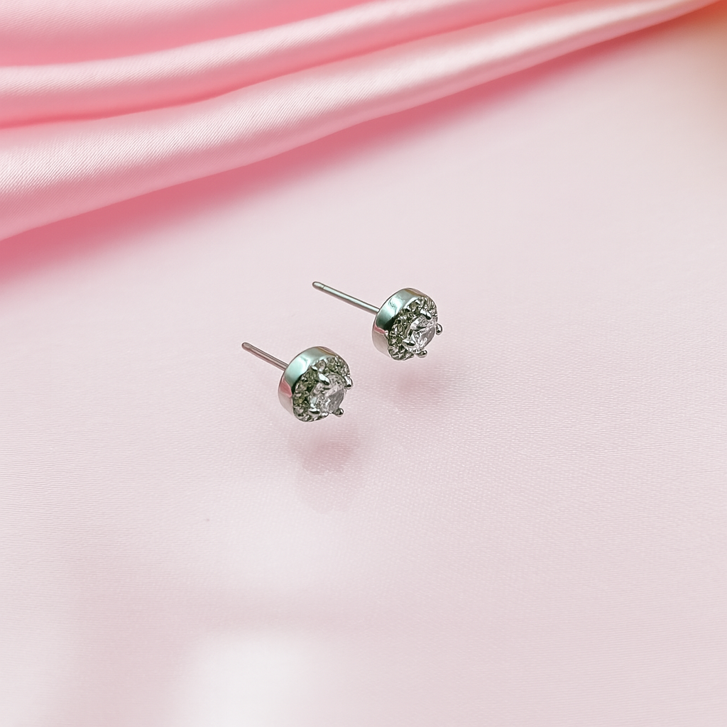 Sparkling Halo Silver Stud Earrings