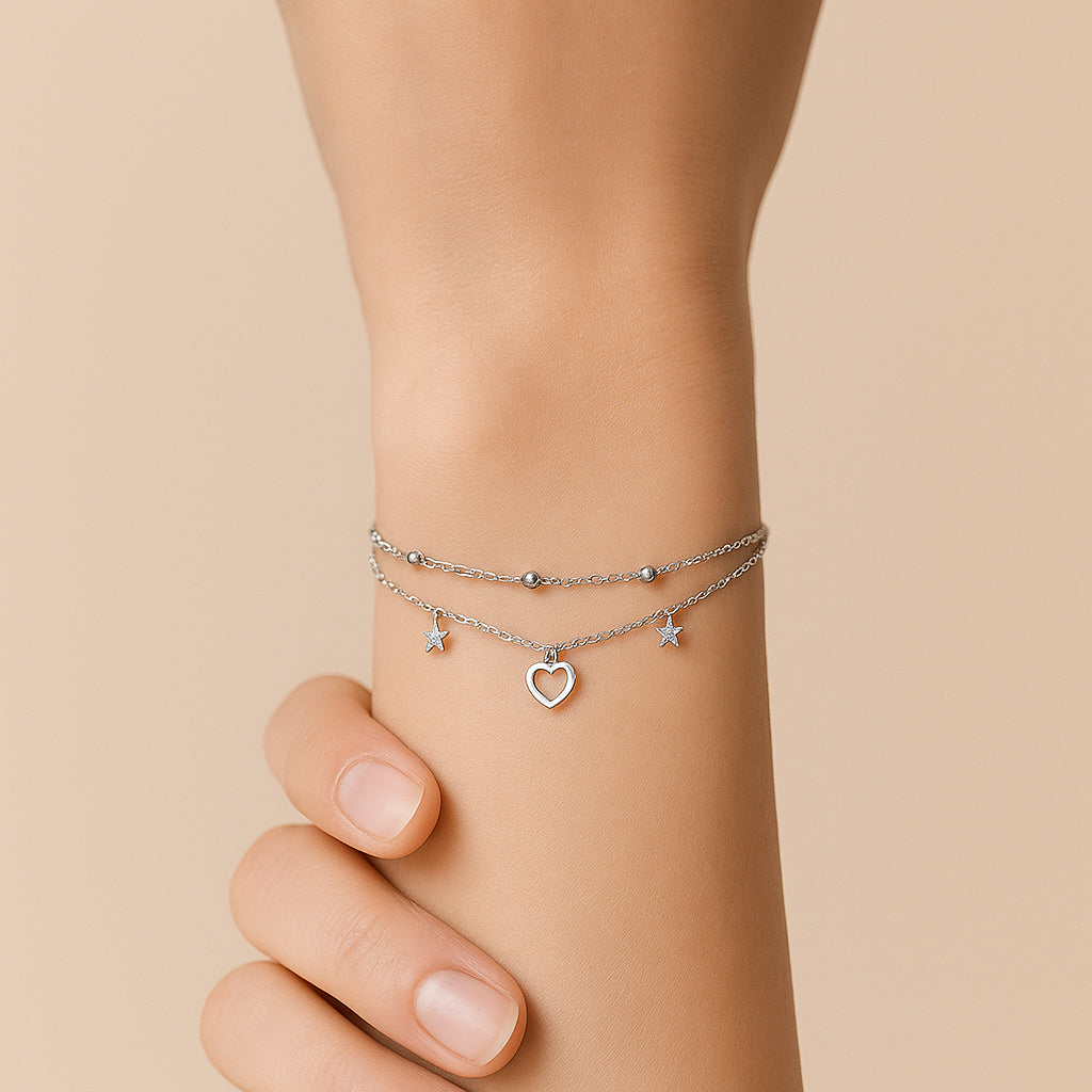 Layered Silver Bracelet with Sparkling Heart & Star Charms