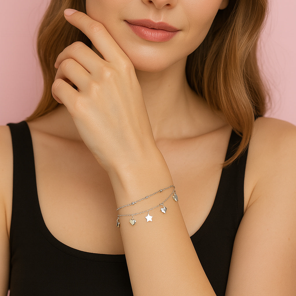 Layered Silver Charm Bracelet with Cute Hearts & Stars