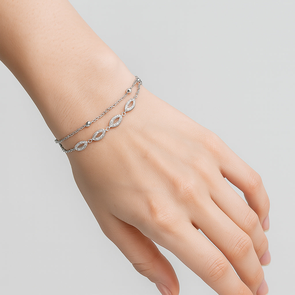 Layered Silver Bracelet With Marquise Sparkle - Adjustable and Elegant