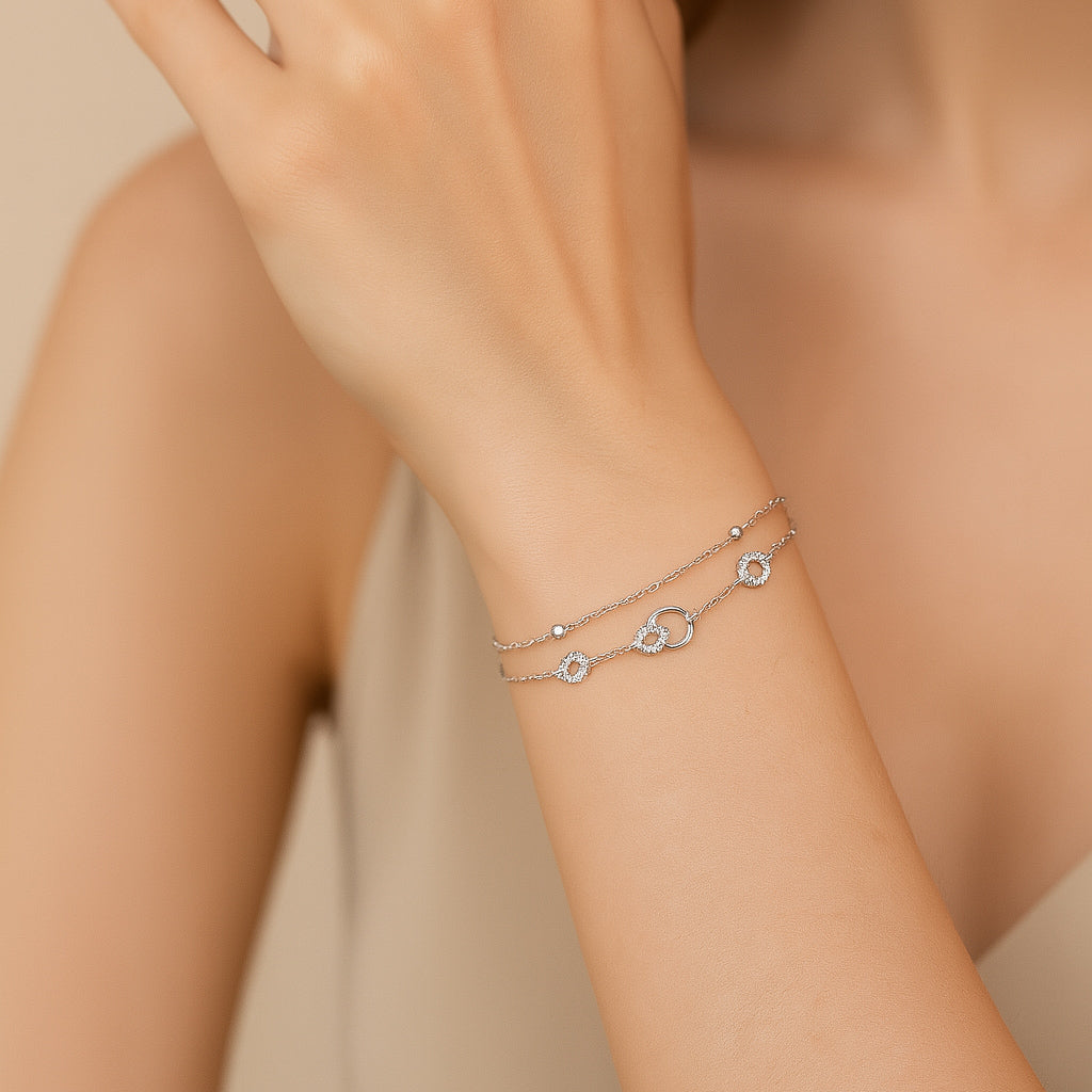 Layered Silver Chain Bracelet with Sparkling Circle Charms