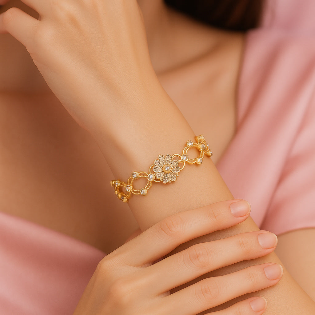 Vintage Floral Rose Gold Bracelet With Sparkling Accents - Boho Chic Style