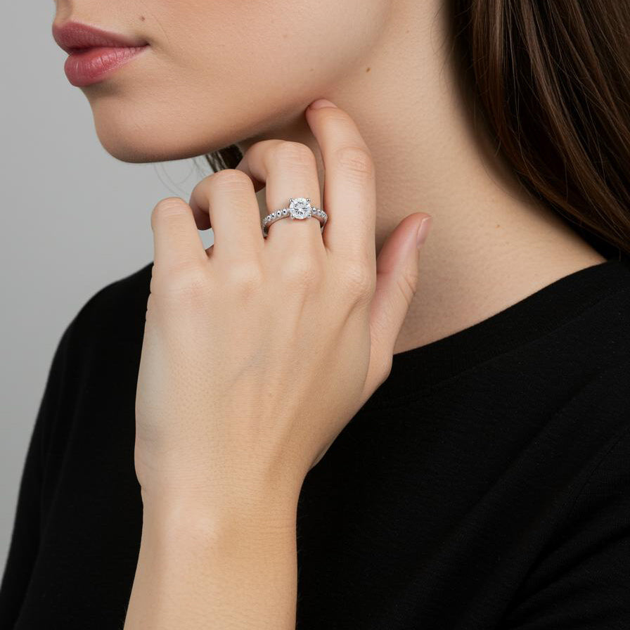 Classic Solitaire Beaded Sterling Silver Ring