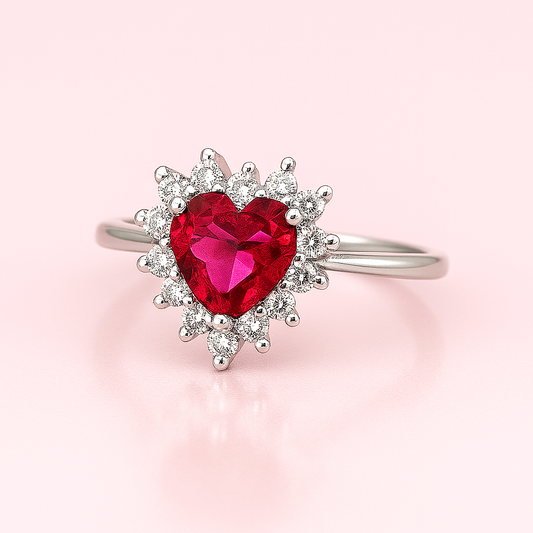 Luxury Sterling Silver Ring with Emerald Pink Heart Center