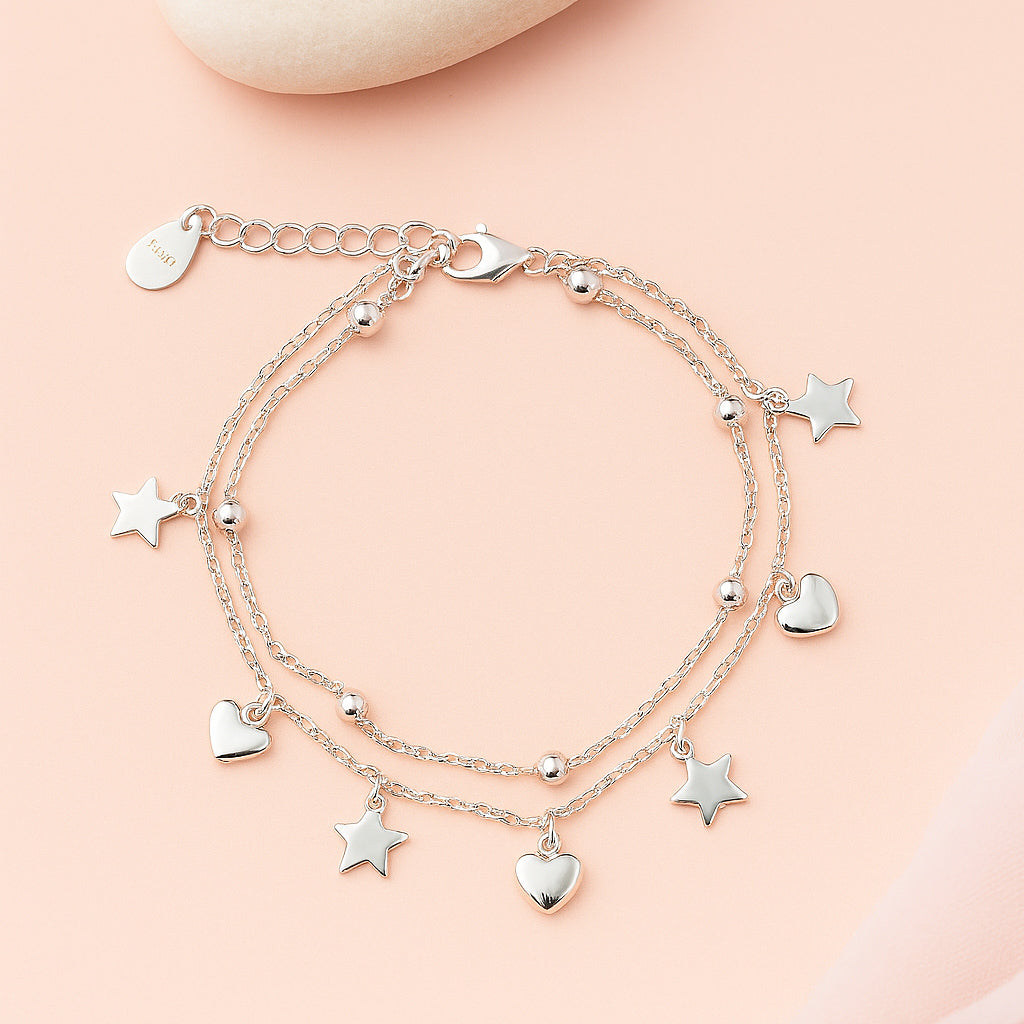 Layered Silver Charm Bracelet with Cute Hearts & Stars