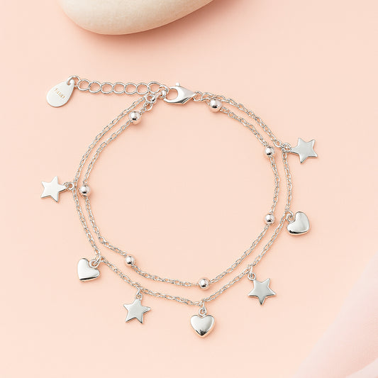 Layered Silver Charm Bracelet with Cute Hearts & Stars
