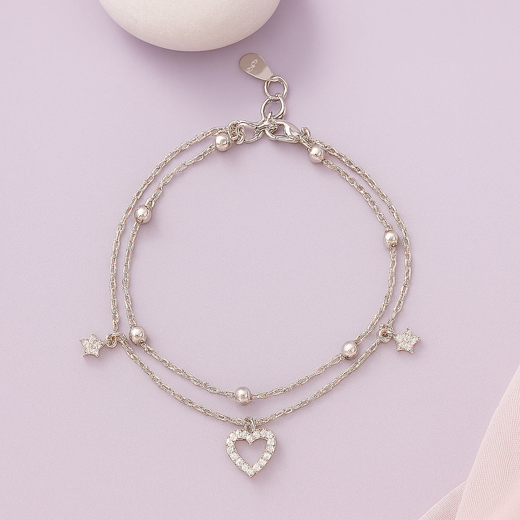 Layered Silver Bracelet with Sparkling Heart & Star Charms