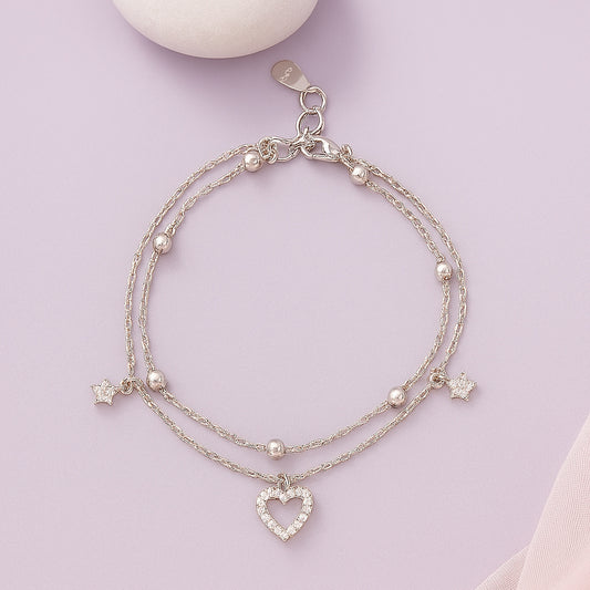 Layered Silver Bracelet with Sparkling Heart & Star Charms