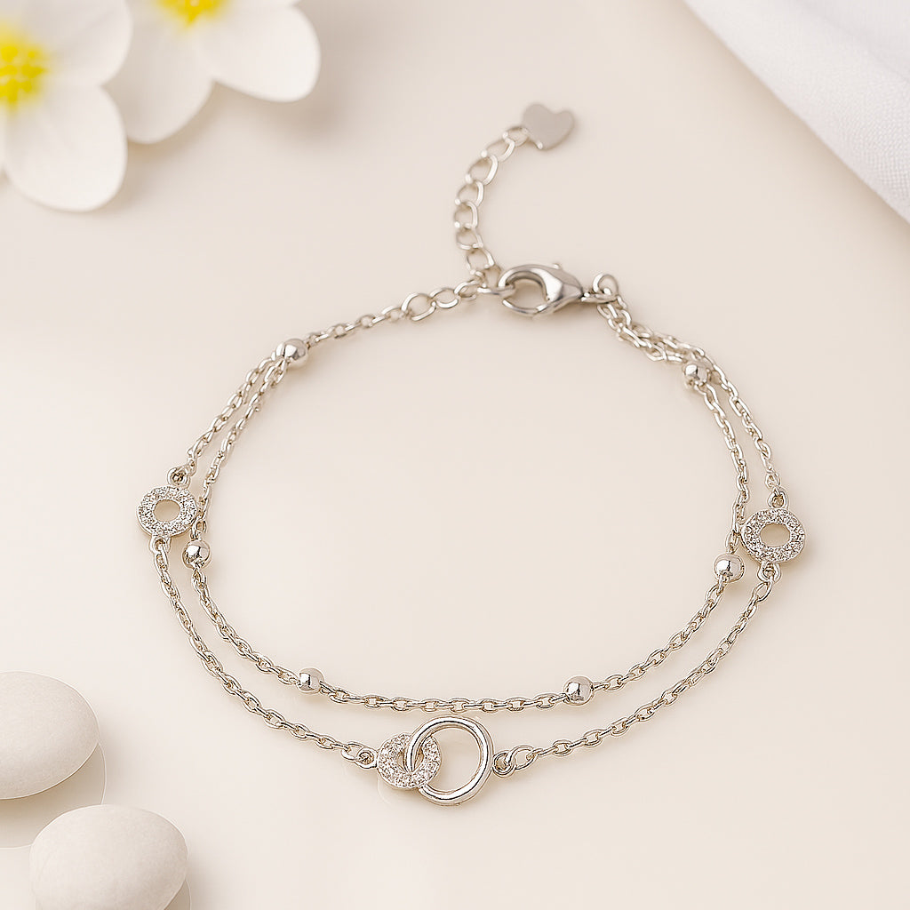 Layered Silver Chain Bracelet with Sparkling Circle Charms