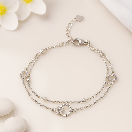 Layered Silver Chain Bracelet with Sparkling Circle Charms