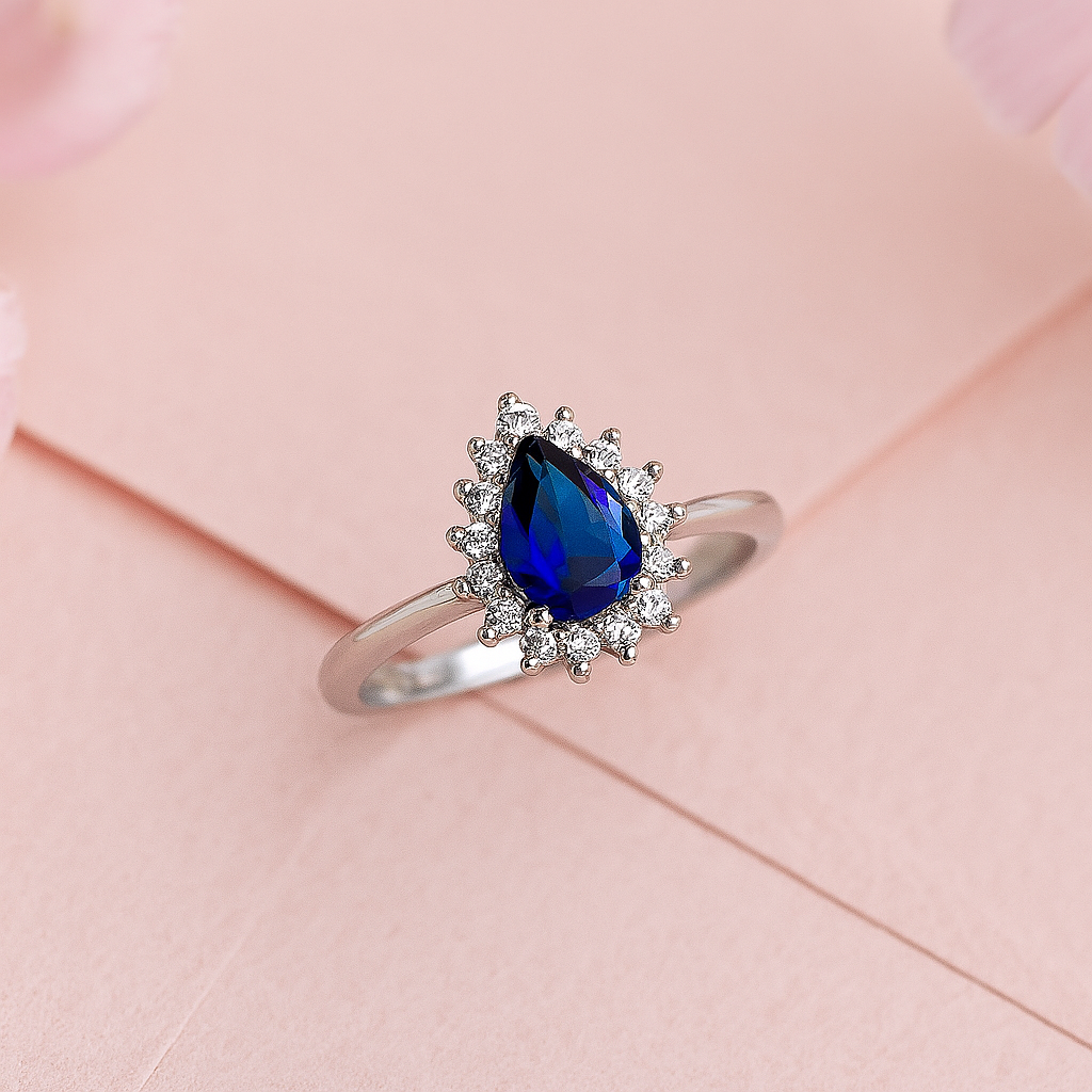 Teardrop Blue Sapphire Sterling Silver Ring