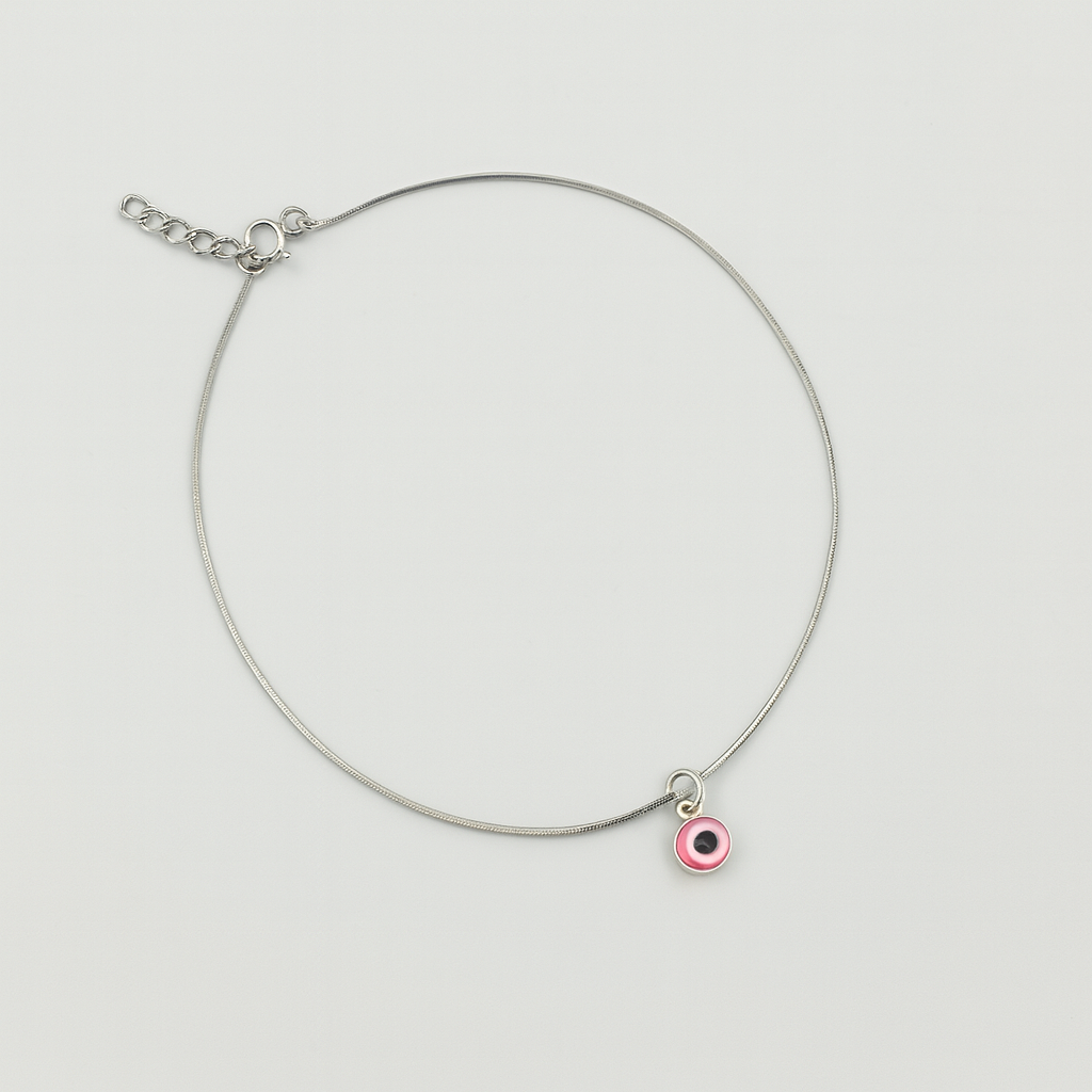 Silver pink evil eye anklet – minimal, stylish, and protective