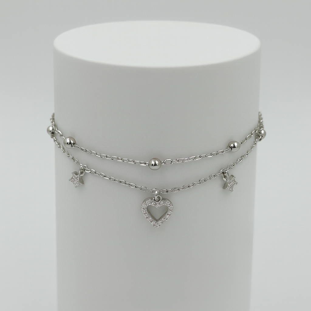 Layered Silver Bracelet with Sparkling Heart & Star Charms