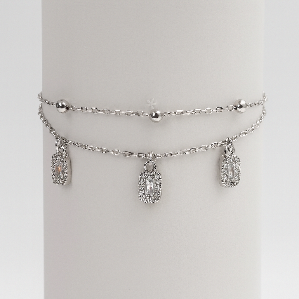 Layered Silver Chain Bracelet with Sparkling Charms