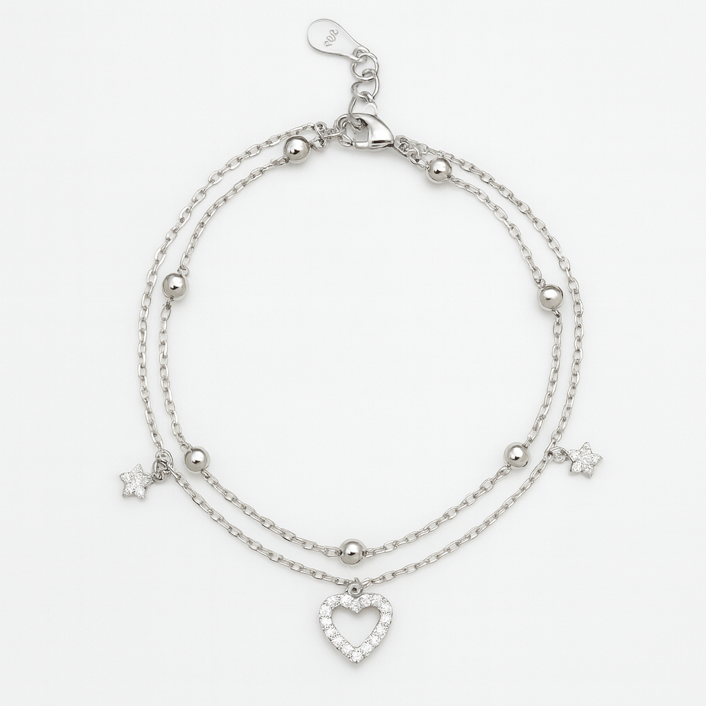 Layered Silver Bracelet with Sparkling Heart & Star Charms