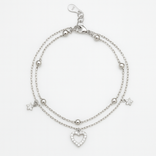 Layered Silver Bracelet with Sparkling Heart & Star Charms