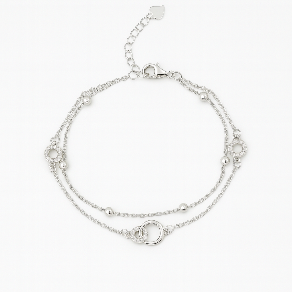 Layered Silver Chain Bracelet with Sparkling Circle Charms