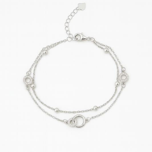 Layered Silver Chain Bracelet with Sparkling Circle Charms