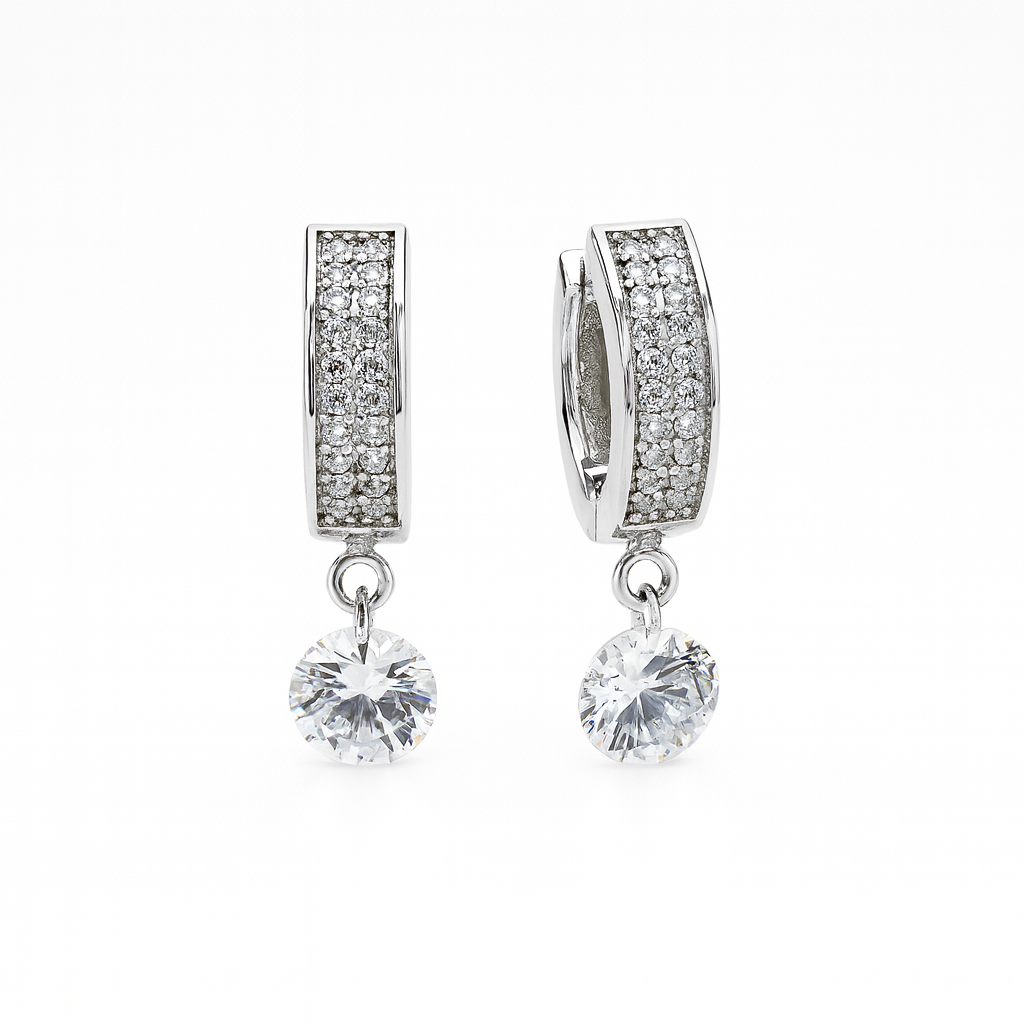 Silver hoop earrings with solitaire drop