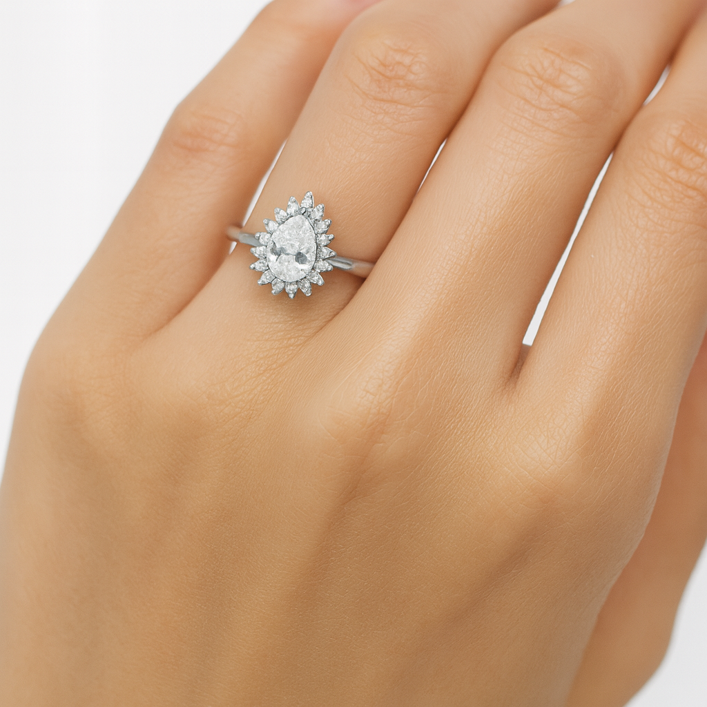 Silver Pear-Cut White Stone Ring