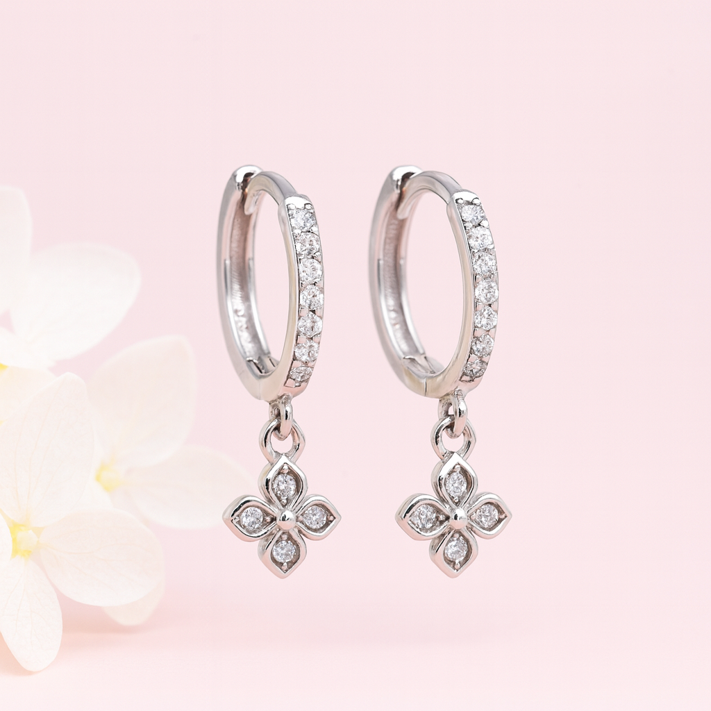 Silver Drop Earrings with Sparkling Floral Charms