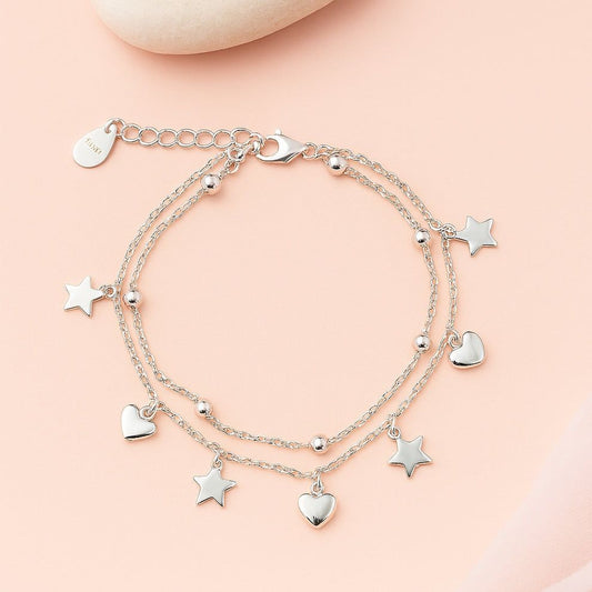 Layered Silver Charm Bracelet with Cute Hearts & Stars