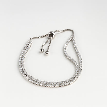 Trendy Double Row Silver Bracelet With Sparkling CZ Stones