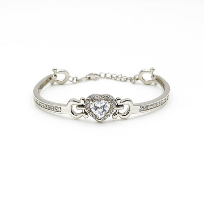 Silver Bracelet With Heart-Shaped Sparkling Centerpiece - Romantic Adjustable Design For Women