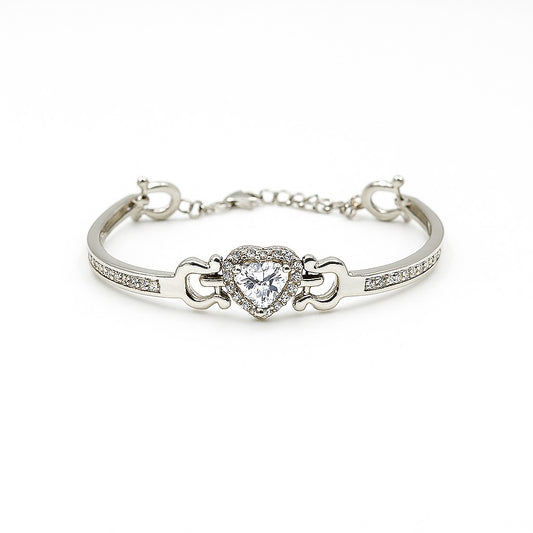Silver Bracelet With Heart-Shaped Sparkling Centerpiece - Romantic Adjustable Design For Women