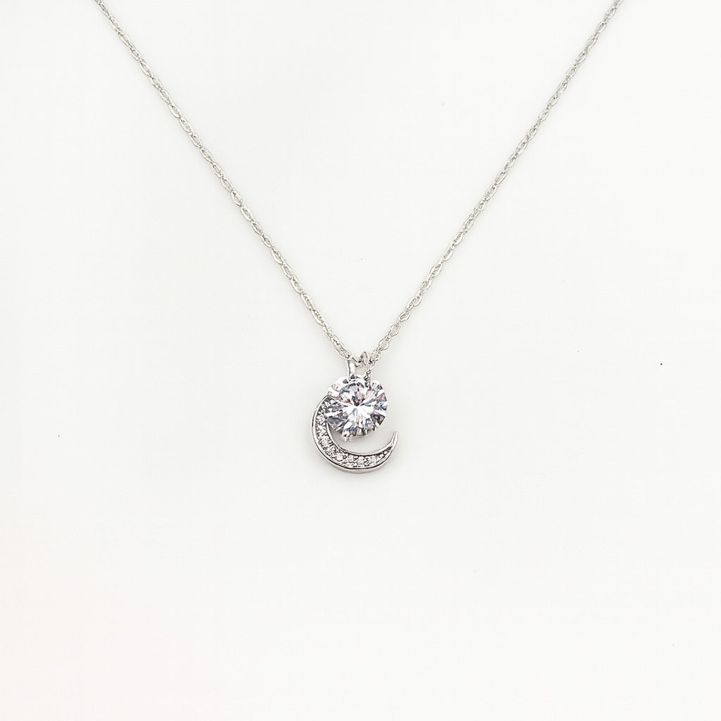 Sterling Silver Crescent Moon and Solitaire Pendant Necklace