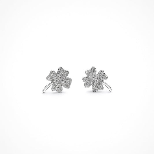 Pair of four-leaf clover sterling silver earrings on a white background