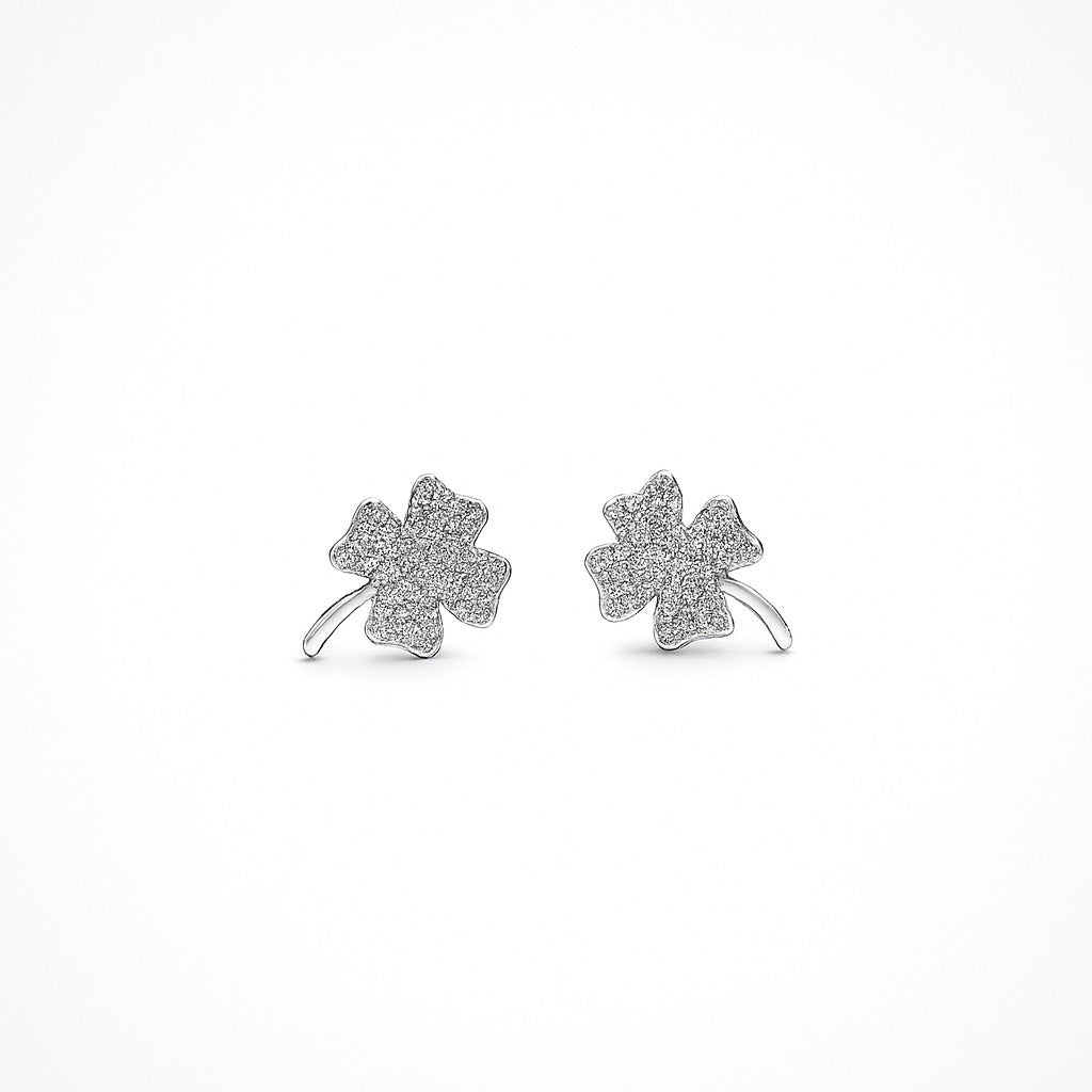 Sparkling Four-Leaf Clover Silver Stud Earrings