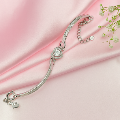 Silver Bracelet With Heart-Shaped Sparkling Centerpiece - Romantic Adjustable Design For Women