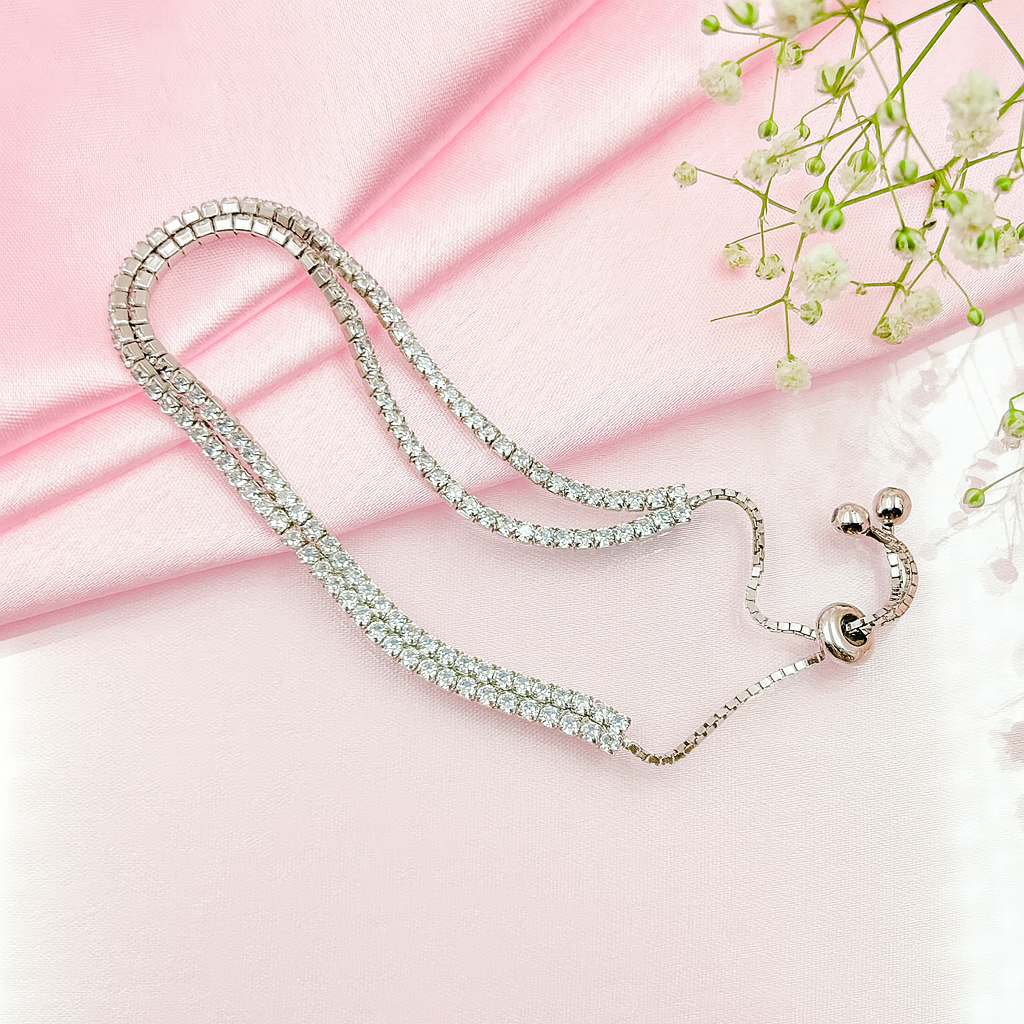 Trendy Double Row Silver Bracelet With Sparkling CZ Stones