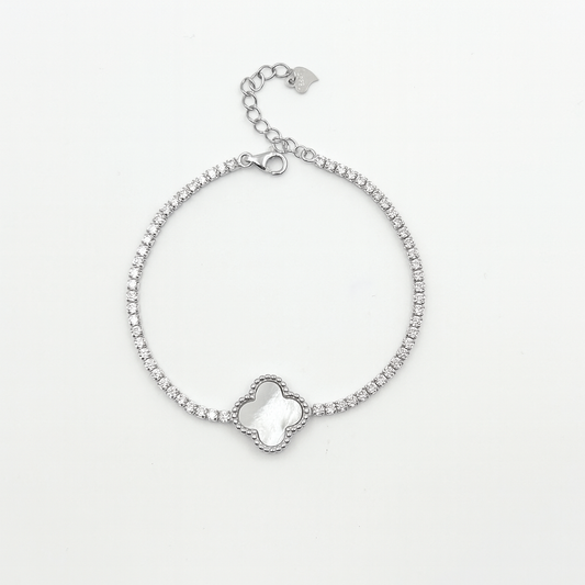Silver Tennis Bracelet with Mother of Pearl Clover Charm