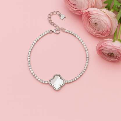 Silver Tennis Bracelet with Mother of Pearl Clover Charm